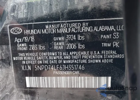2018 Hyundai Elantra Se from USA, damaged, VIN 5NPD74LF6JH351746